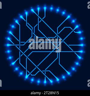 Abstract neon blue tech circuit board lines sci-fi scheme design. Futuristic computer chip background. Vector glowing illustration Stock Vector