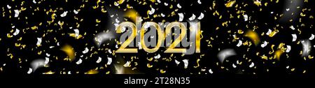 2021 golden New Year abstract banner with confetti. Vector Christmas greeting card background Stock Vector