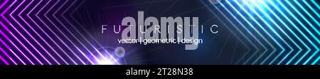 Abstract glowing banner with blue purple neon arrows. Hi-tech futuristic vector background Stock Vector