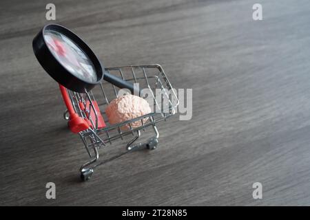 A human brain and magnifying glass inside shopping carts. Consumer behavior analysis and market research concept. Stock Photo