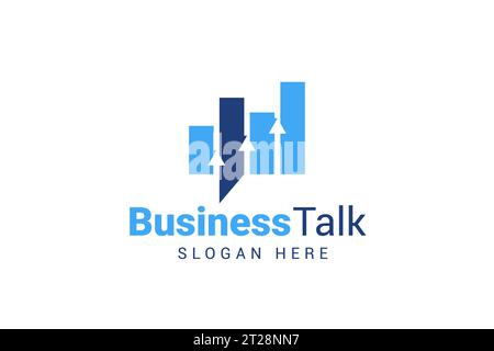business talk and discussion logo design template. Bar chart and arrow isolated on bubble speech suitable for business forum logo design. Stock Vector