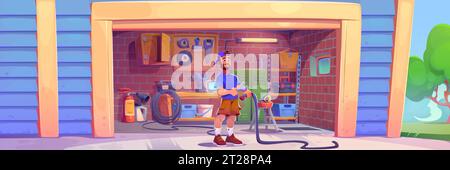 Young man stands at entrance to garage with brick walls, cabinets and shelves for storage, working tools, and fire extinguisher. Cartoon vector illustration of carport interior with instruments. Stock Vector