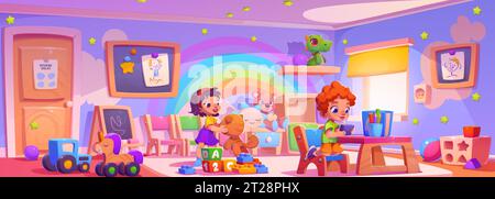 Children playing in kindergarten. Vector cartoon illustration of happy boy and girl having fun at nursery school, playroom with wooden furniture, pictures, books and colorful toys, early education Stock Vector