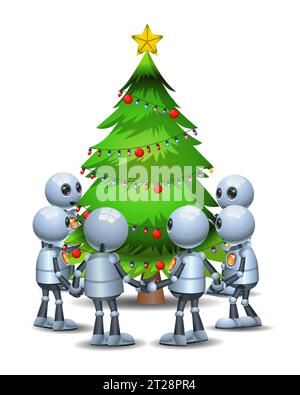 3D illustration of a little robot circular group surrounding chistmas tree on isolated white background Stock Photo