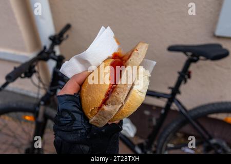 Fresh meatloaf with bread roll and ketchup Stock Photo