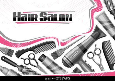 Vector template for Hair Salon with blank copy space for text, decorative ad coupon with illustration of variety hair stylist equipment, metal beauty Stock Vector