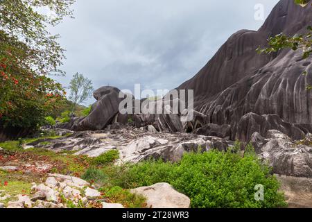 Landscape of La Digue island, Seychelles. The Giant Union Rock. Popular natural landmark Stock Photo