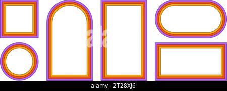 Groovy rainbow frames in 1970s hippie style. Psychedelic retro borders. Text box funky 70s. Good vibes background. Pop vintage groovy square and Stock Vector