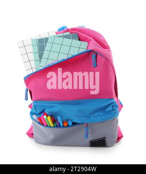 Stylish school backpack with different stationery on white background Stock Photo