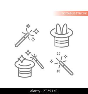 Magic, hat and rabbit vector icon set. Magician wand, magic trick line icons. Stock Vector