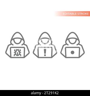 icons, hoodie, hacker, laptop, exclamation, bug, cyber crime, hacking icon, attack, computer, crime, criminal, cyber, hacking, hooded, icon, illustrat Stock Vector