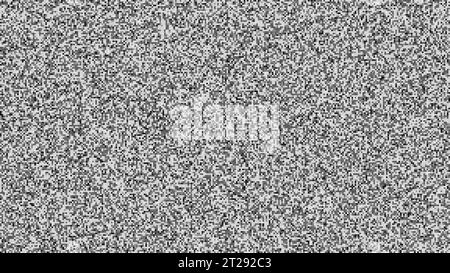 Pixelated black and white static noise on the screen. VHS glitch texture. Monochrome seamless pattern of TV broadcast error background. Abstract vecto Stock Vector