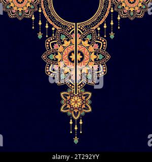 Luxury mandala pattern design in gold and blue colors for embroidered neckline. Stock Vector