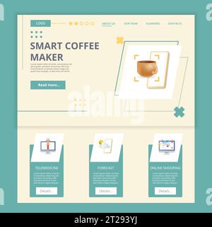 Smart coffee maker flat landing page website template. Telemedicine, forecast, online shopping. Web banner with header, content and footer. Vector Stock Vector