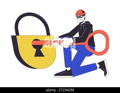 Unlock padlock by key flat line concept vector spot illustration. Stock Vector