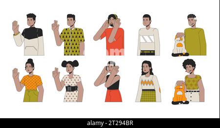 African american millennial 2D linear cartoon characters set Stock Vector