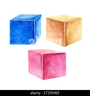 A set of children's cubes. Pink, yellow and blue. A child's toy. Handmade watercolor illustration. Isolate. For compositions of postcards, banners, st Stock Photo