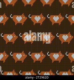 Seamless woolen knitted Christmas pattern with pigs and lanterns Stock Vector