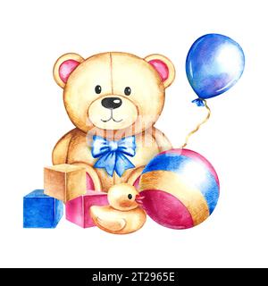 Cute teddy bear, ball, cubes and yellow duck. Children's toys. Handmade watercolor illustration. For the design of children's books, postcards and fly Stock Photo