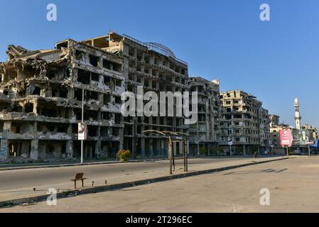 The frame of a block of bombed out buildings in Homs, Syria. The city resembled a Godzilla film set from the 1950s. December 2022 Stock Photo