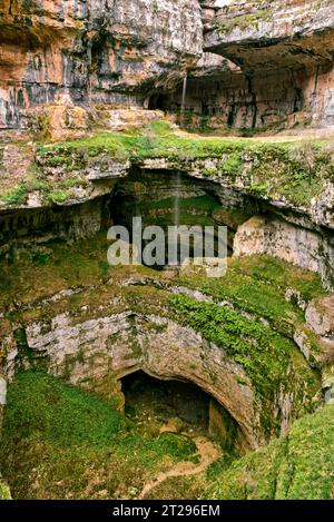 The out of season Baatara Gorge Waterfall with one lone thread of water trickling down, Meghraq, Lebanon, December 2022 Stock Photo