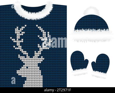 Winter knitted clothes: sweater, hats, mittens, scarf Stock Vector