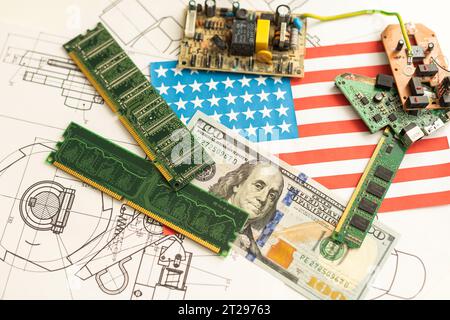 Printed circuit board with electronic chips and electronic scheme. Electronic documentation. Stock Photo
