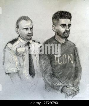 Fie court artist sketch by Elizabeth dated 05/05/22 of Hewa Rahimpur, appearing in the dock at Westminster Magistrates' Court, central London. Mr Rahimpur, 30, a ringleader in a people smuggling gang responsible for moving 10,000 migrants in small boat crossings to the UK, was sentenced to 11 years in prison by a Belgian court on Wednesday. Issue date: Wednesday October 18, 2023. Stock Photo