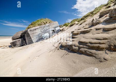 Destroyed bunkers in the dunes of Dunkirk, North Sea, Hauts-de France, France Stock Photo