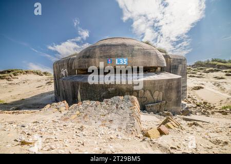 Destroyed bunkers in the dunes of Dunkirk, North Sea, Hauts-de France, France Stock Photo