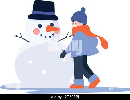 Hand Drawn Child character playing with snowman in winter in flat style isolated on background Stock Vector