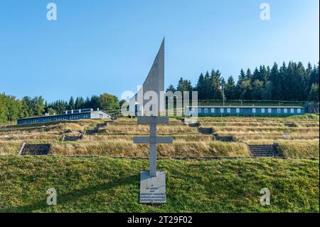 Natzweiler-Struthof concentration camp and view to Lighthouse of Remembrance memorial, Natzwiller, Alsace, France, Europe Stock Photo