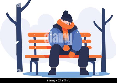 Hand Drawn Characters in winter clothes sitting on a bench in winter in flat style isolated on background Stock Vector