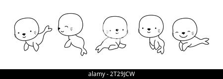 Set of Isolated Kawaii Seal Coloring Page. Cute Vector Kawaii Animals Outline.  Stock Vector