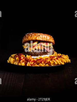 Hamburger placed on plate among macaroni ketchup and cheese against dark background Stock Photo