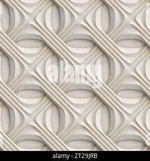 Full frame of white 3D relief tiles wicker form with golden scuffs. High quality seamless realistic texture. Stock Photo