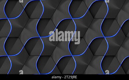 Full frame of 3D illustration of geometric seamless pattern of blue hexagons with metallic decor and relief materials Stock Photo