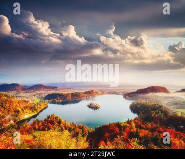 Aerial view of the island on alpine lake Bled from Osojnica viewpoint. Great and gorgeous morning scene. Popular tourist attraction. Location famous p Stock Photo