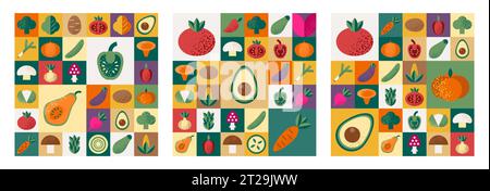 Abstract geometric Bauhaus patterns set with vegetables. Stock Vector
