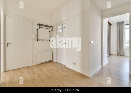 Interior of empty contemporary apartment with white walls and doors and hardwood floor Stock Photo