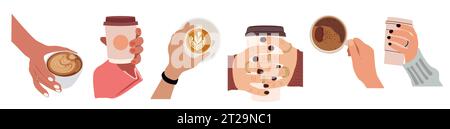 Set of diverse hands holding cups of coffee. Stock Vector