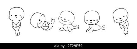 Set of Isolated Kawaii Seal Coloring Page. Cute Vector Kawaii Animals Outline.  Stock Vector