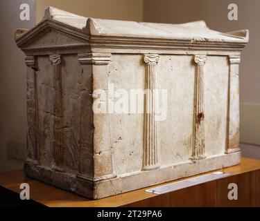 Funerary urn in the shape of a temple. Italic art. 3rd BC. Travertine. From Palestrina, Latium. Barracco Museum. Rome. Italy. Stock Photo