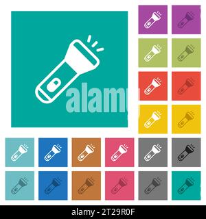 Flashlight multi colored flat icons on plain square backgrounds. Included white and darker icon variations for hover or active effects. Stock Vector