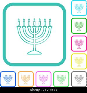 Menorah with burning candles outline vivid colored flat icons in curved borders on white background Stock Vector