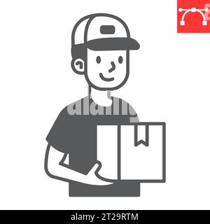 Delivery man glyph icon, service and courier, delivery man holding parcel vector icon, vector graphics, editable stroke solid sign, eps 10. Stock Vector