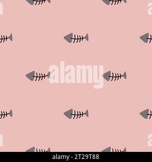 Hand drawn vector cat seamless pattern of funny cartoon fish bone, fish skeleton Stock Vector