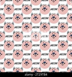 Hand drawn vector seamless pattern of funny cartoon kittens, meow Stock Vector