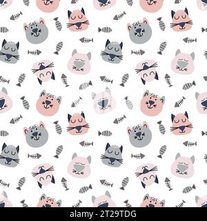 Hand drawn cat vector seamless pattern of funny cartoon kittens, fish, fish bone Stock Vector