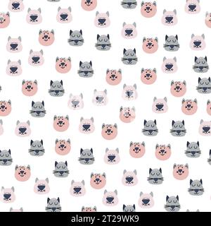 Hand drawn vector seamless pattern of funny cartoon kittens Stock Vector